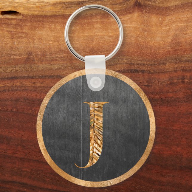 Elegant Rustic Gold & Grey Personalized Monogram Keychain (Front)