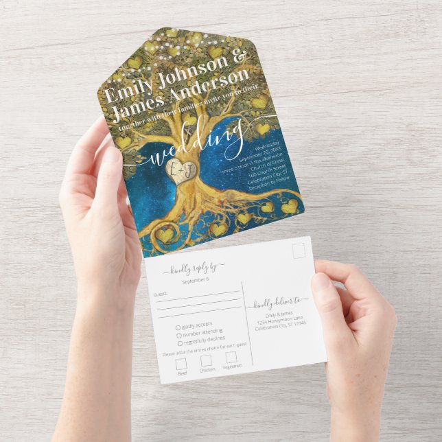 Elegant Rustic Gold Heart Leaf Tree Wedding All In One Invitation (Tearaway)
