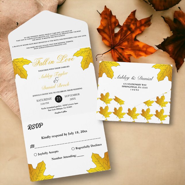Elegant Rustic Gold Leaves Fall Floral Wedding All In One Invitation (Creator Uploaded)