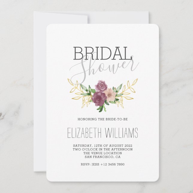 Elegant Rustic Gold Leaves Floral Bridal Shower Invitation (Front)