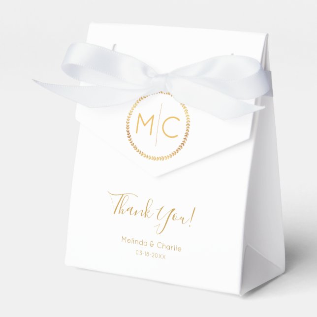 Elegant Rustic Gold Monogram Wreath Thank You Favor Boxes (Front Side)