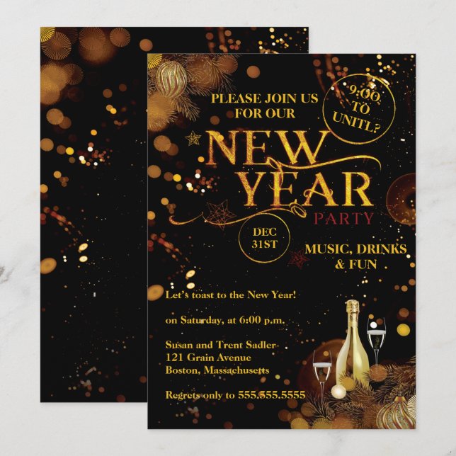Elegant Rustic Gold New Years Eve Party Invitation (Front/Back)