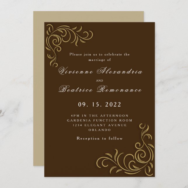 Elegant rustic gold scroll wedding invitation (Front/Back)