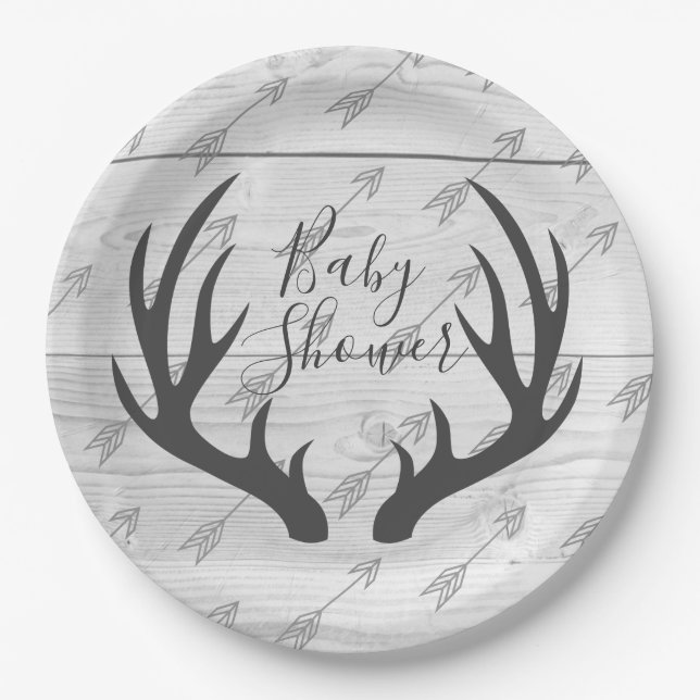 Elegant Rustic Gray Antlers & White Wood Paper Plates (Front)