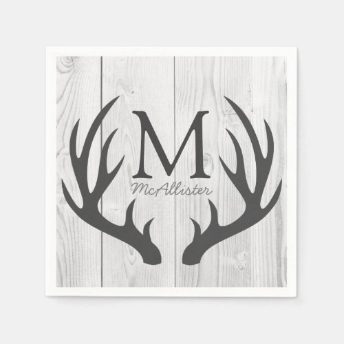 Elegant Rustic Gray Deer Antlers White Faux Wood Paper Napkins