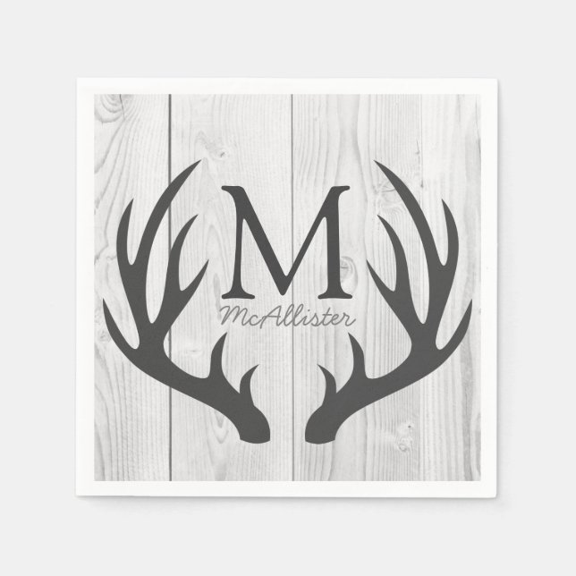 Elegant Rustic Gray Deer Antlers White Faux Wood Paper Napkins (Front)
