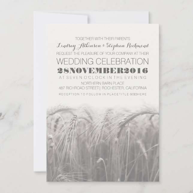 Elegant rustic gray white wheat wedding invitation (Front)