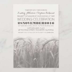 Elegant rustic gray white wheat wedding invitation