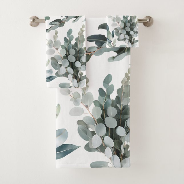 Elegant Rustic Green Eucalyptus Leaves Bath Towel Set (Insitu)