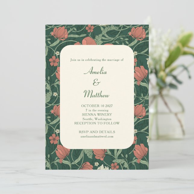 Elegant Rustic Green Floral All-in-One Wedding  Invitation (Standing Front)