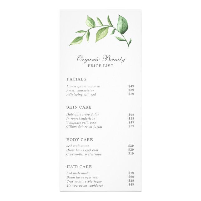 Elegant Rustic Greenery Beauty Salon Price List Rack Card (Front)