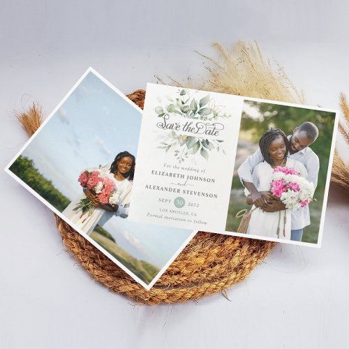 Elegant Rustic greenery eucalyptus wedding photo Save The Date