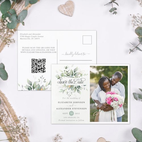 Elegant Rustic greenery eucalyptus wedding QR code Announcement Postcard