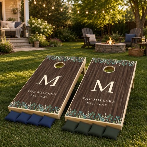 Elegant Rustic Greenery Family Monogram Cornhole Set