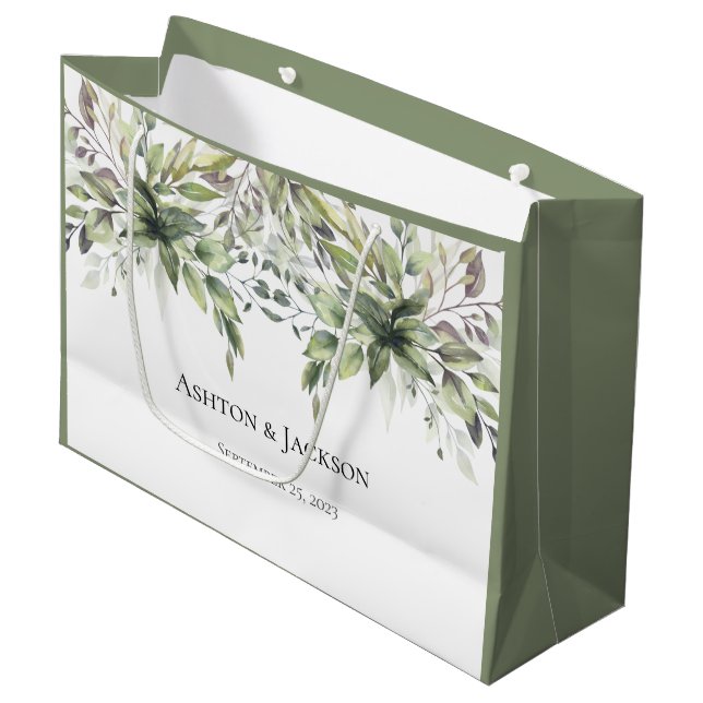 Elegant Rustic Greenery Foilage Names Wedding Large Gift Bag (Front Angled)