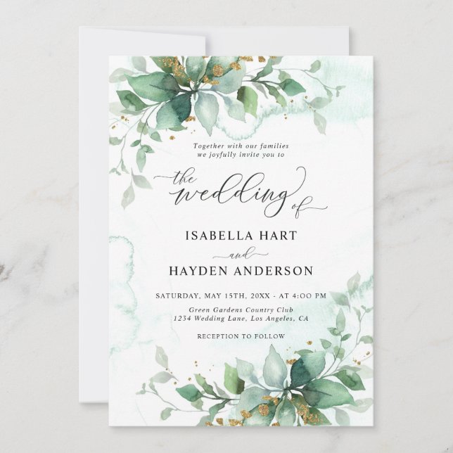 Elegant Rustic Greenery Foliage Watercolor Wedding Invitation (Front)