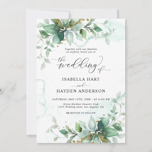 Elegant Rustic Greenery Foliage Watercolor Wedding Invitation