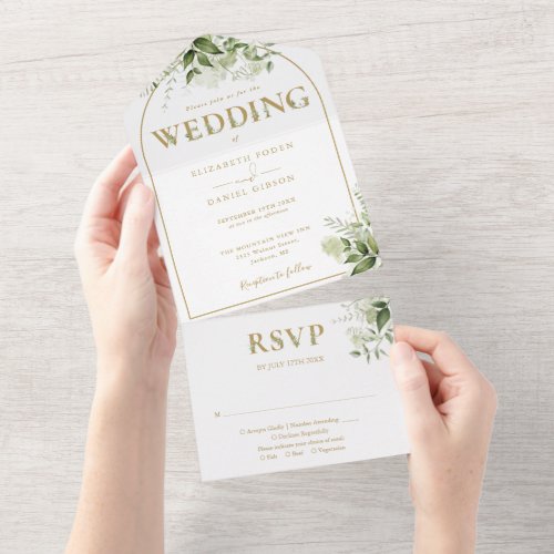Elegant Rustic Greenery Gold Arch Wedding All In One Invitation
