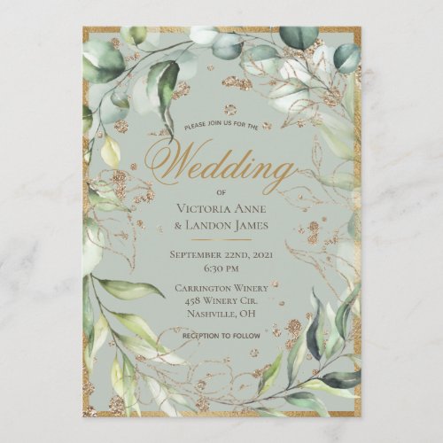 Elegant Rustic Greenery Gold Eucalyptus Wedding Invitation