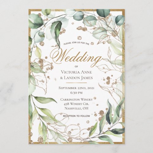 Elegant Rustic Greenery Gold Glitter Wedding  Invitation