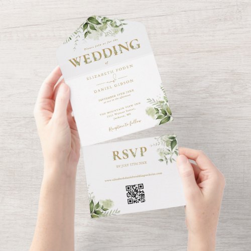 Elegant Rustic Greenery Gold QR Code Wedding All In One Invitation