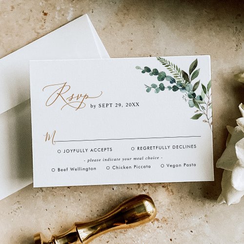 Elegant Rustic Greenery Gold Wedding Meal Options RSVP Card