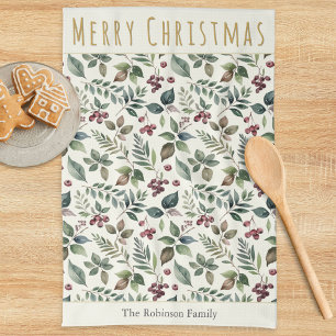 Elegant Rustic Greenery Personalized Christmas Kitchen Towel