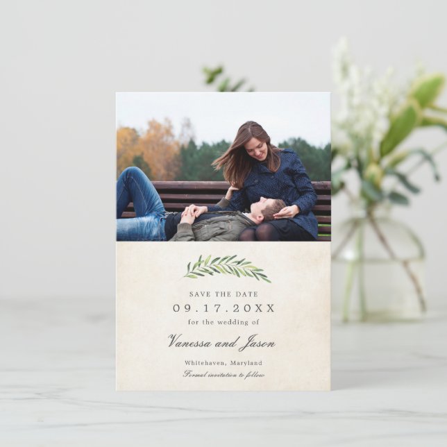 Elegant Rustic Greenery Photo Save the Date Invitation (Standing Front)