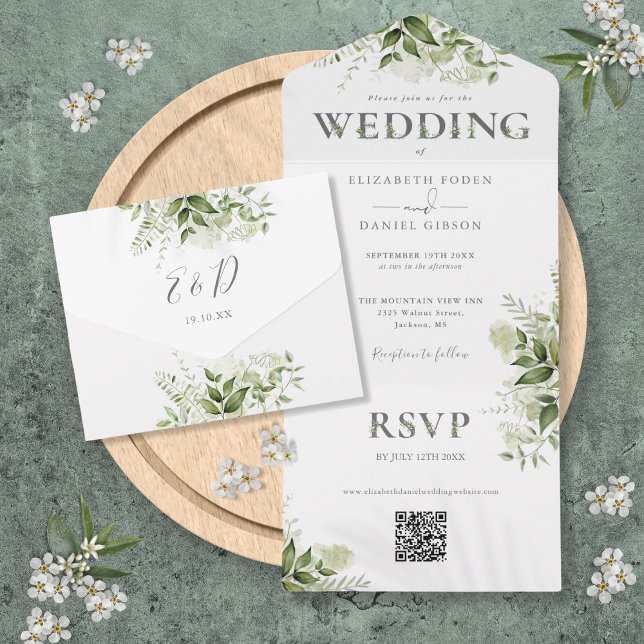 Elegant Rustic Greenery QR Code Wedding All In One Invitation (Elegant Rustic Greenery QR Code Wedding All In One Invitation)