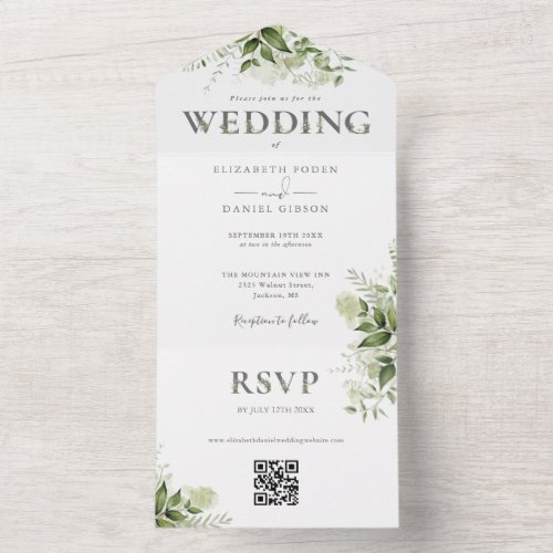 Elegant Rustic Greenery QR Code Wedding All In One Invitation