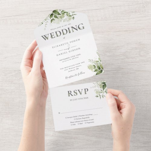 Elegant Rustic Greenery Typography Wedding All In One Invitation