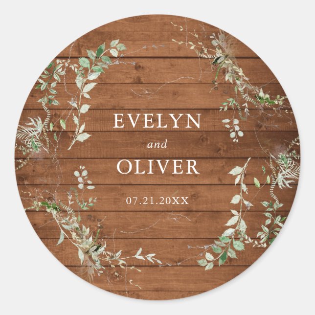 Elegant Rustic Greenery Wedding Classic Round Sticker (Front)