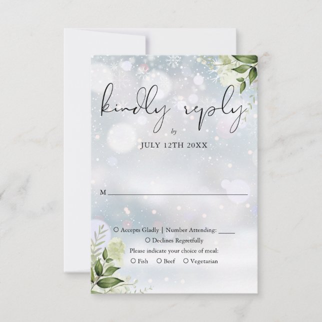Elegant Rustic Greenery Winter Wedding RSVP Card (Front)