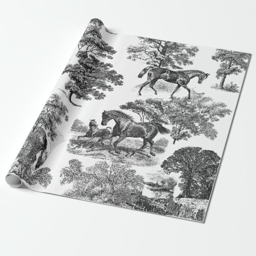 Elegant Rustic Horses Black White Toile Wrapping Paper