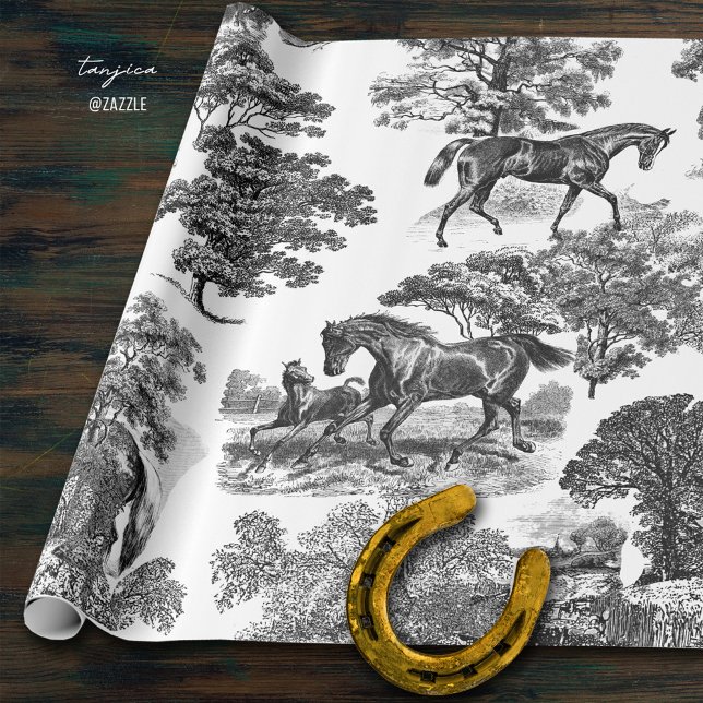 Elegant Rustic Horses Black White Toile Wrapping Paper (Creator Uploaded)