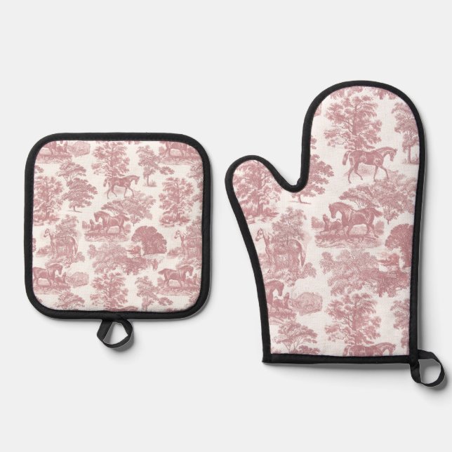 Elegant Rustic Horses Pink White Toile   Oven Mitt & Pot Holder Set (Front)