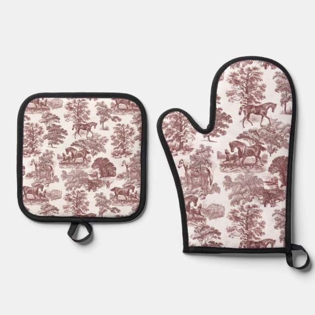 Elegant Rustic Horses Red White Toile   Oven Mitt & Pot Holder Set (Front)