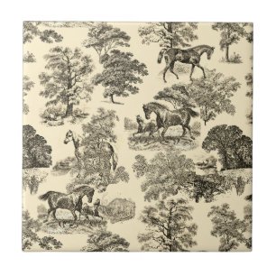 Elegant Rustic Horses Trees Beige Tan Toile Ceramic Tile