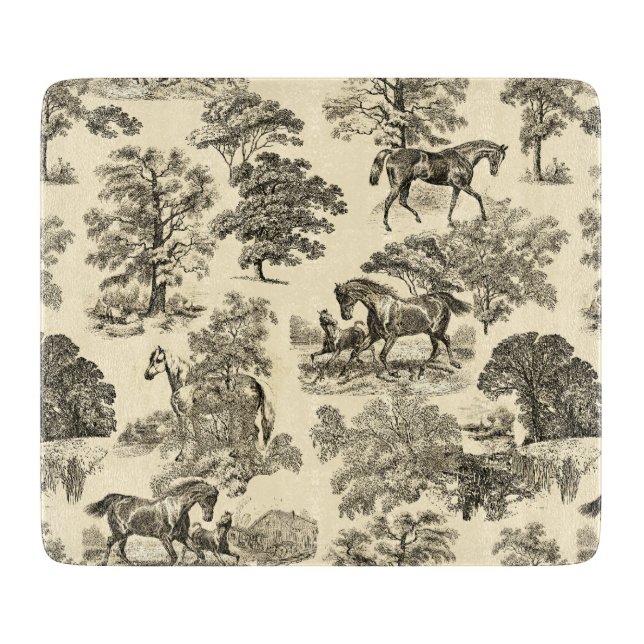 Elegant Rustic Horses Trees Beige Tan Toile  Cutting Board (Front)