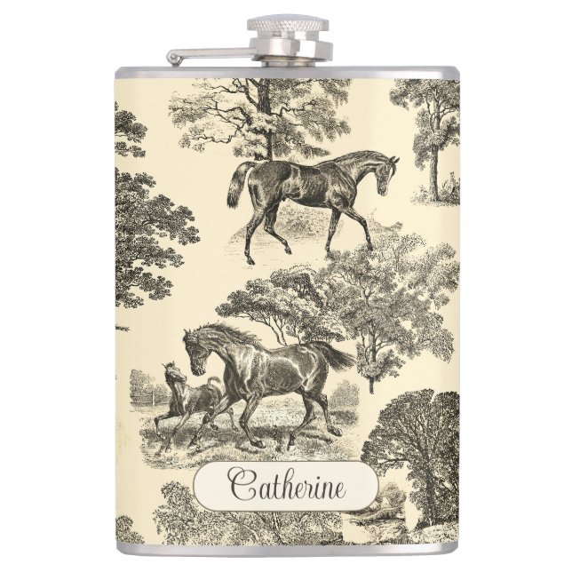 Elegant Rustic Horses Trees Beige Tan Toile  Flask (Front)