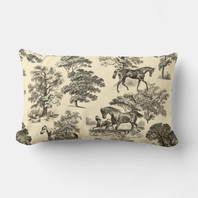 Elegant Rustic Horses Trees Beige Tan Toile  Lumbar Pillow (Front)