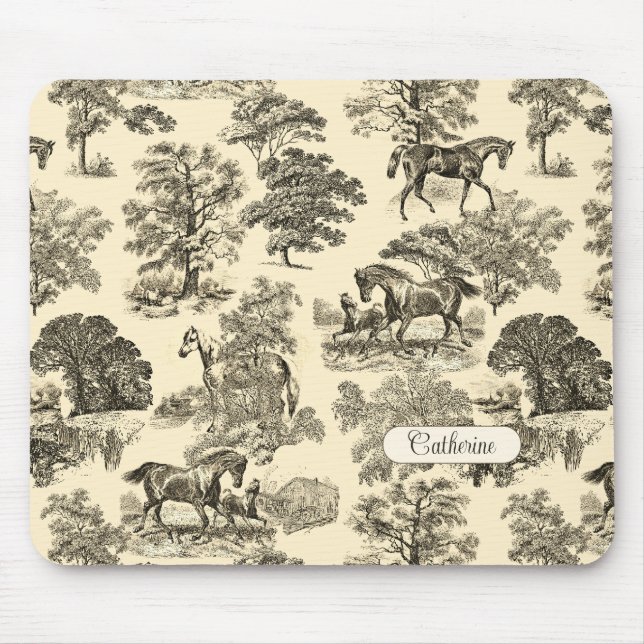 Elegant Rustic Horses Trees Beige Tan Toile  Mouse Pad (Front)