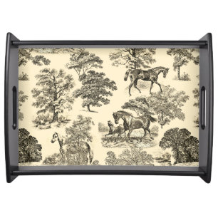 Elegant Rustic Horses Trees Beige Tan Toile  Serving Tray
