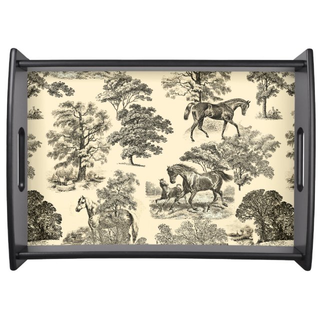 Elegant Rustic Horses Trees Beige Tan Toile  Serving Tray (Front)