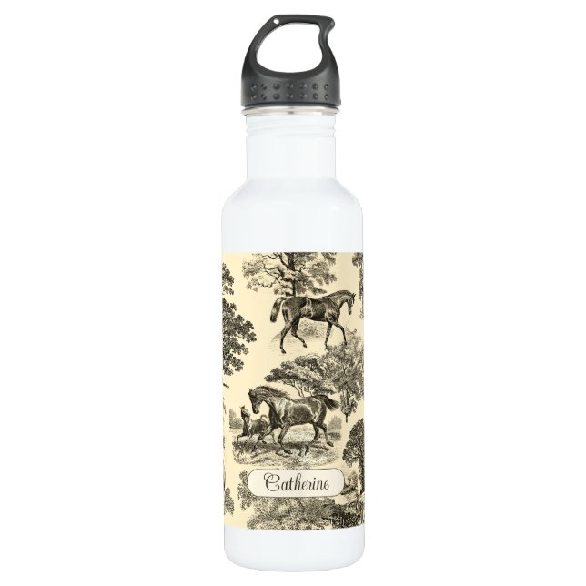 Elegant Rustic Horses Trees Beige Tan Toile  Stainless Steel Water Bottle (Front)
