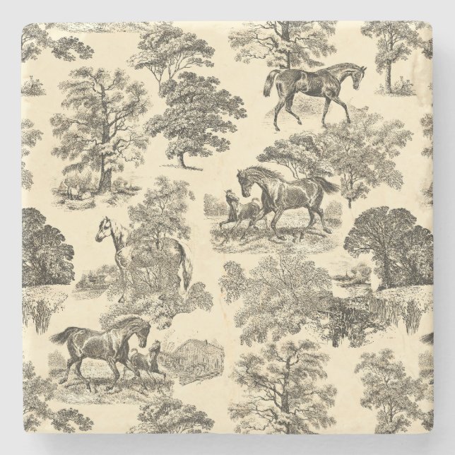 Elegant Rustic Horses Trees Beige Tan Toile  Stone Coaster (Front)