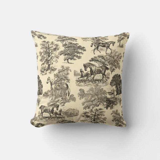 Elegant Rustic Horses Trees Beige Tan Toile  Throw Pillow (Front)