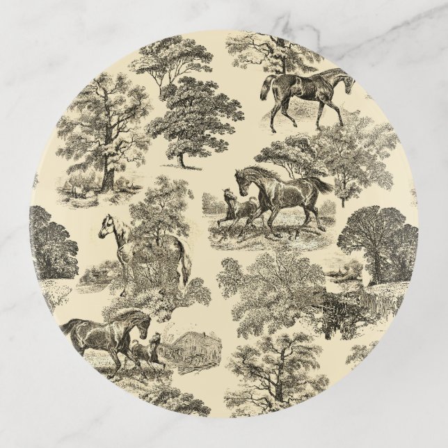 Elegant Rustic Horses Trees Beige Tan Toile  Trinket Tray (Front)