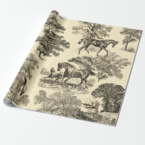 Elegant Rustic Horses Trees Beige Toile Seamless Wrapping Paper