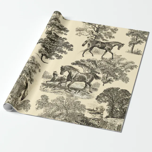 Elegant Rustic Horses Trees Beige Toile Seamless Wrapping Paper | Zazzle